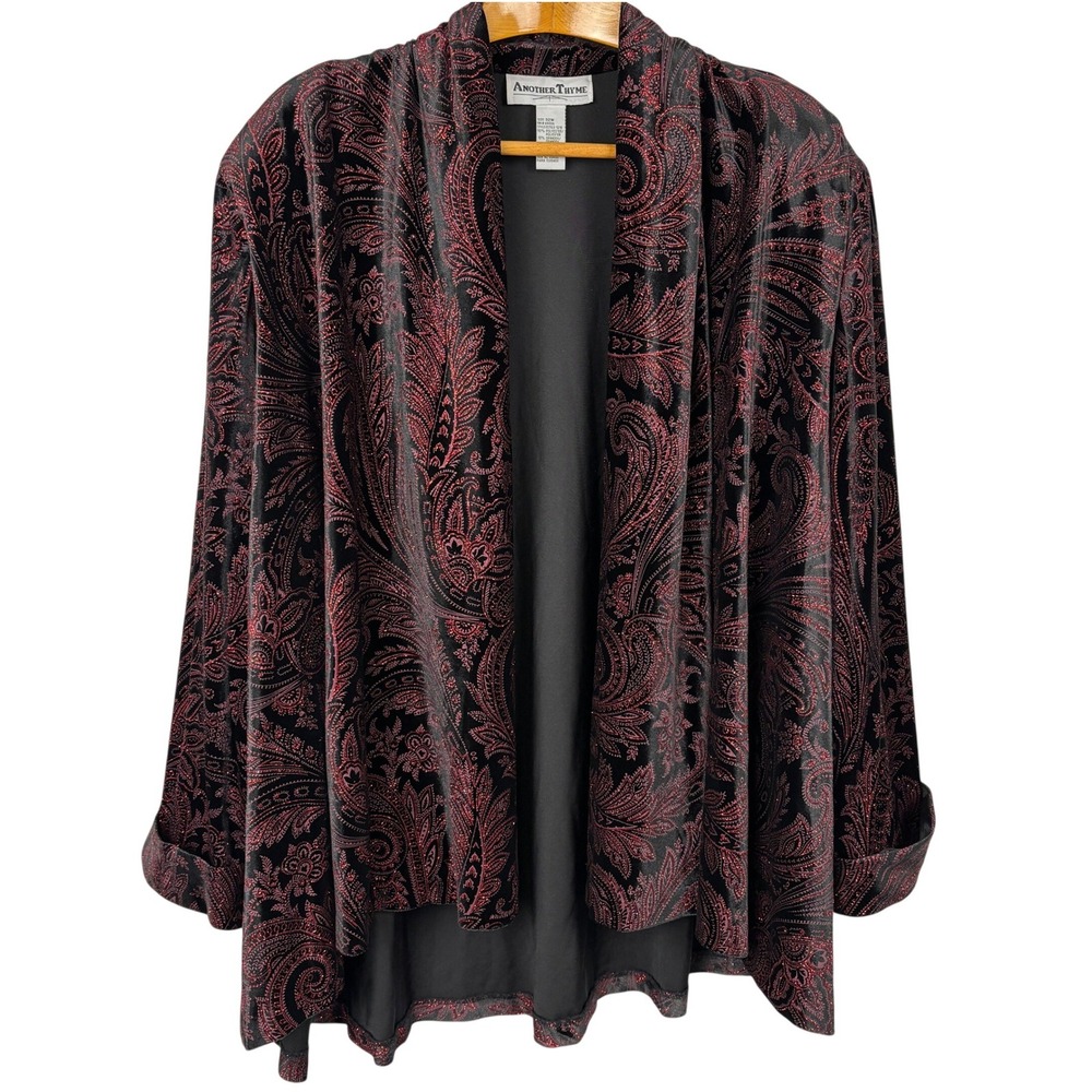 Vintage Another Thyme Women's 32W Black Red Velvet Paisley‎ Glitter Jacket